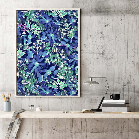 Abstract floral art print in blue and green