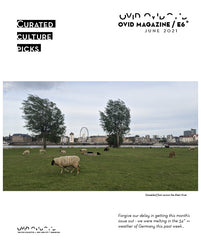 Image of a sheep near a river with a ferris wheel in the background and two large trees. Text says, Ovid Magazine June 2021 Curated Culture Picks.