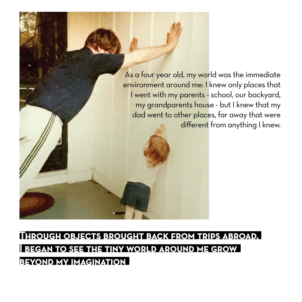Image of a toddler looking up at her father as he stretches for a run. Text about small objects from faraway places and the meaning they carry.