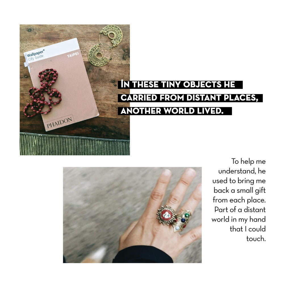 Image of travel book from Taipei, gold earrings, and a hand with two rings on it. Text talks about discovering the world through souvenirs.