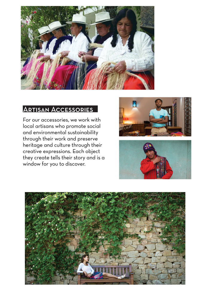 Image of artisans making accessories - weaving a bag, a man in front of fabrics, a man with a Guatemalan textile, a woman on a bench.