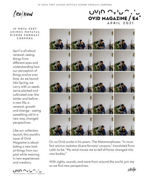 Ovid Magazine Cover Page - 4x5 grid of the same image of a woman sitting against a white wall with a black hat on.