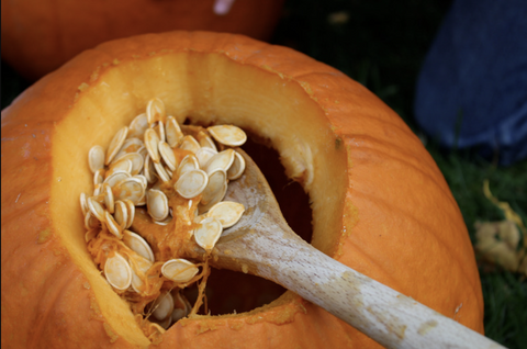 Pumpkin pulp and seeds being scooped from a pumpkin. Save this for a nourishing hand mask