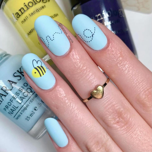 blue nail art with bumblebees french manicure finger flowers fun cute short nails gel manicures