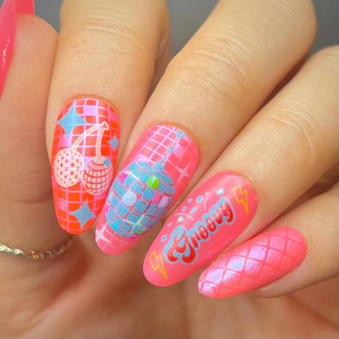 bright pink 80s themed nails beach nails