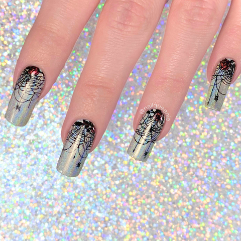 Holographic Inverted Spiderweb French Mani: Halloween French Tip Nails