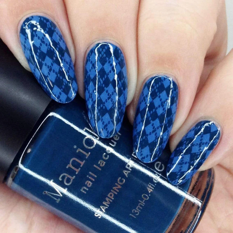 Blue argyle printed manicure with a maniology stamping polish