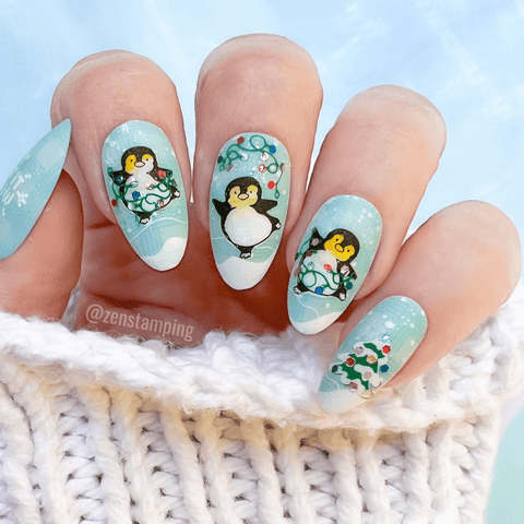 Arctic Penguins (Glittery Lights and Grayish-Blue Plaid Design): Winter Nail Ideas / Winter Manicure