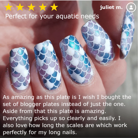fish scale nail art for a Mermaid halloween costume using the Twi_star collab maniology stamping plate
