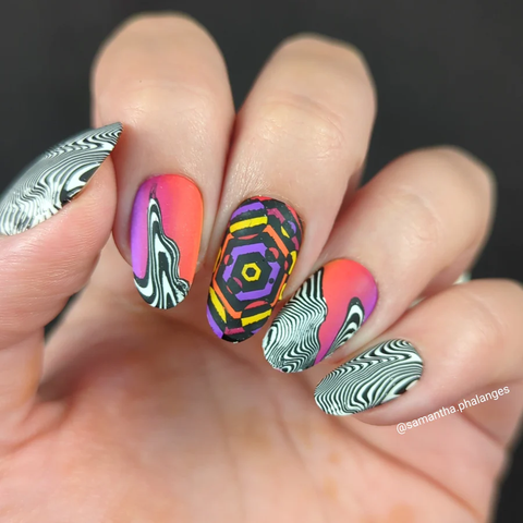 Maniology's Optic Twister (m402) nail stamping plate features tons of bold, psychedelic patterns for summer festivals, weekend cocktails, or just a party at home.