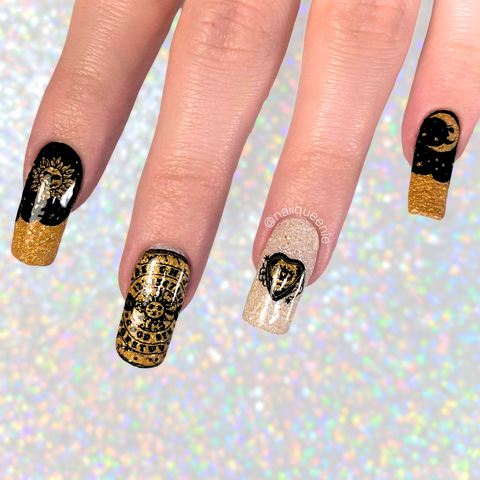 Mystical Nail Design (Ouija board over shimmering glitter polishes) - Astrology Nails and Tarot Nails: 10 Mystical Nail Designs for Halloween