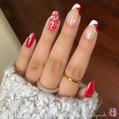 red and white candy cane french manicure design