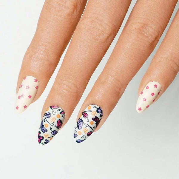 nail art with flowers and butterflies