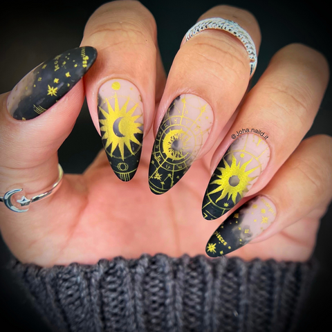Golden Zodiac on Smoky Black Matte - Astrology Nails and Tarot Nails: 10 Mystical Nail Designs for Halloween