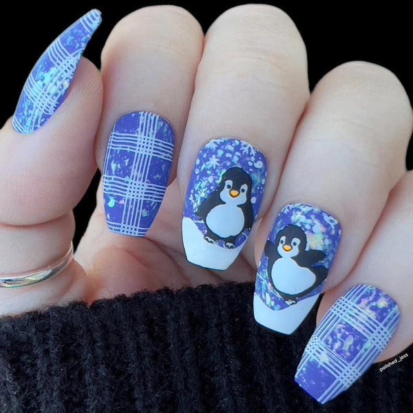 plaid and penguin nails