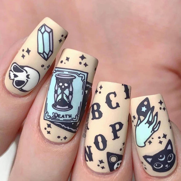 someones nails with taupe and baby blue Halloween nail art designs black french tip cat lovers halloween nails halloween nails