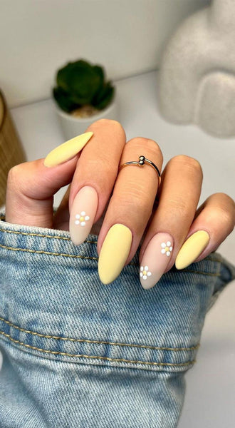 yellow and nude nail art with white flowers summer summer crystal rose summer warm colors summer four seasons love bird summer song high contrast summer dark shades summer summer