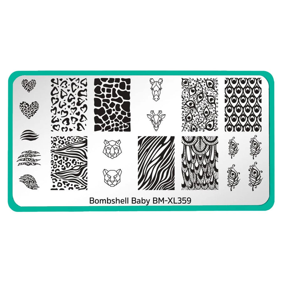 A nail stamping plate full of beautiful, and original, nail art featuring peacock, and safari animal designs by Maniology (BM-XL359).