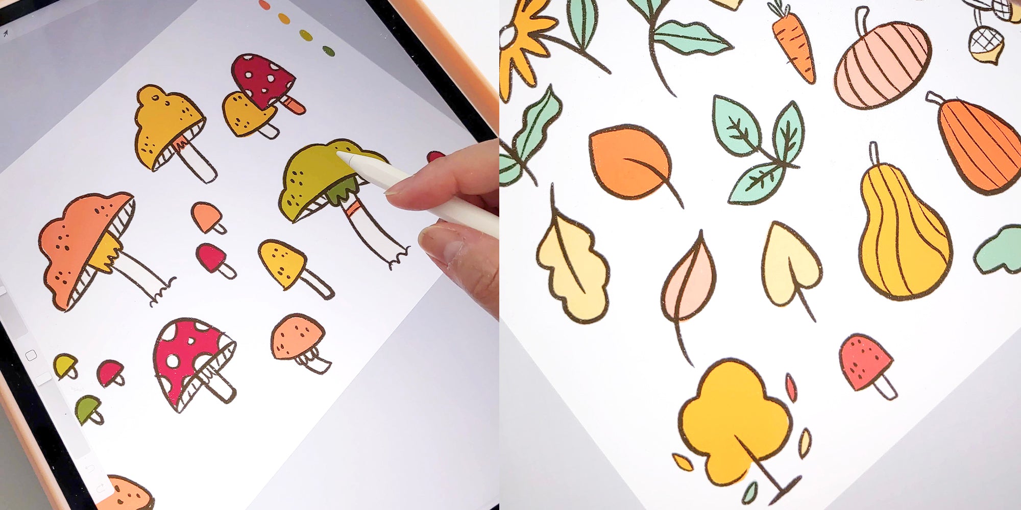 Cheery Human Studios Autumn 2021 Work in Progress shots featuring illustrated mushrooms, gourds, leaves, and florals