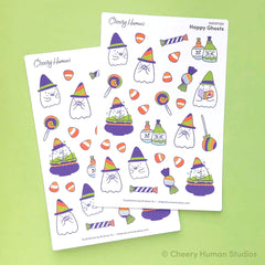 Happy Ghosts sticker sheet by Cheery Human Studios featuring wizard ghosts and halloween candy illustrations