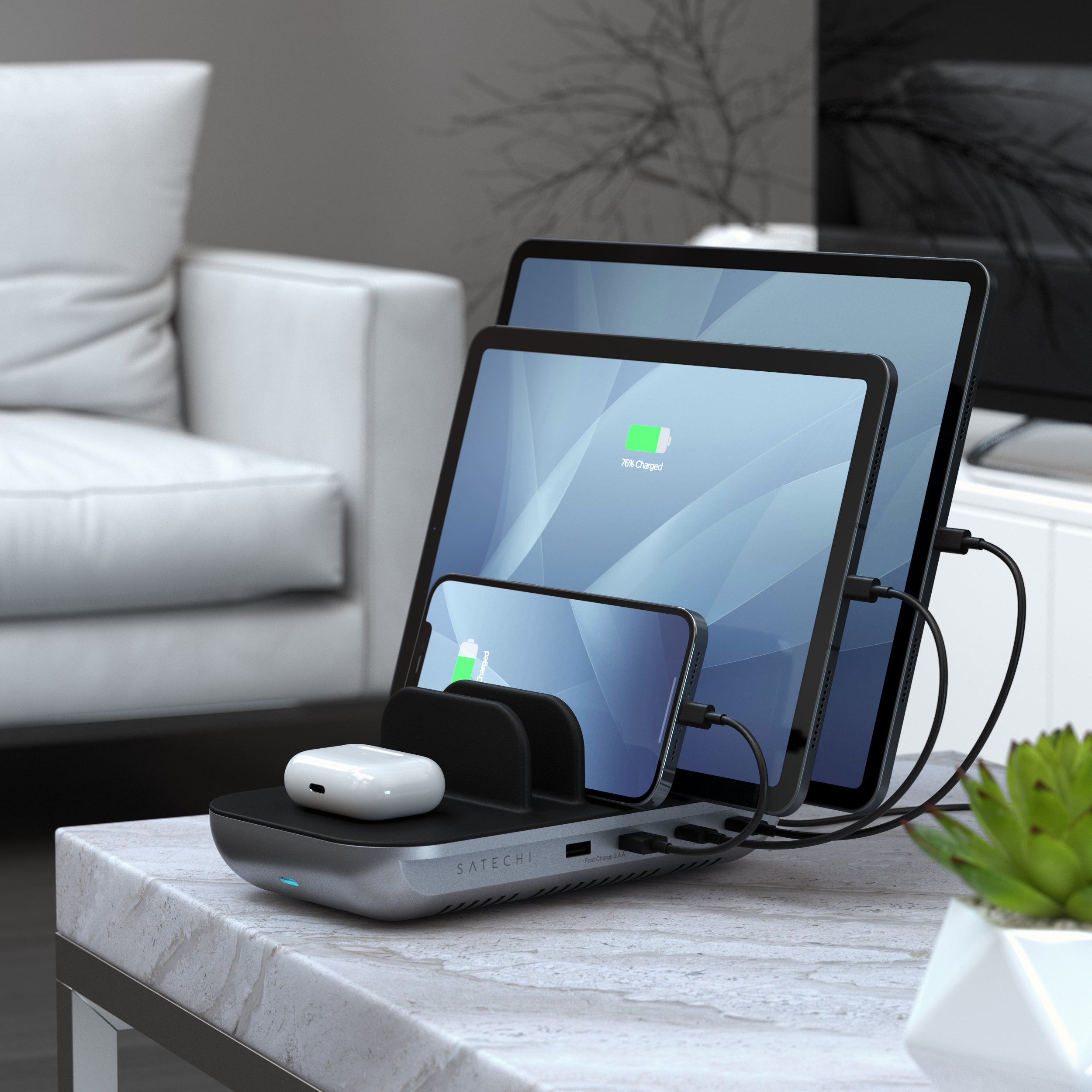 Create your own modern charging space while keeping all your electronics organized with the Satechi Dock5 Multi-Device Charging Station with Wireless Charging. Ideal for family homes, workspaces, classrooms, and more, the Charging Station powers five USB devices at the same time with two USB-C PD ports, two USB-A ports, and a designated Qi wireless charging pad.
