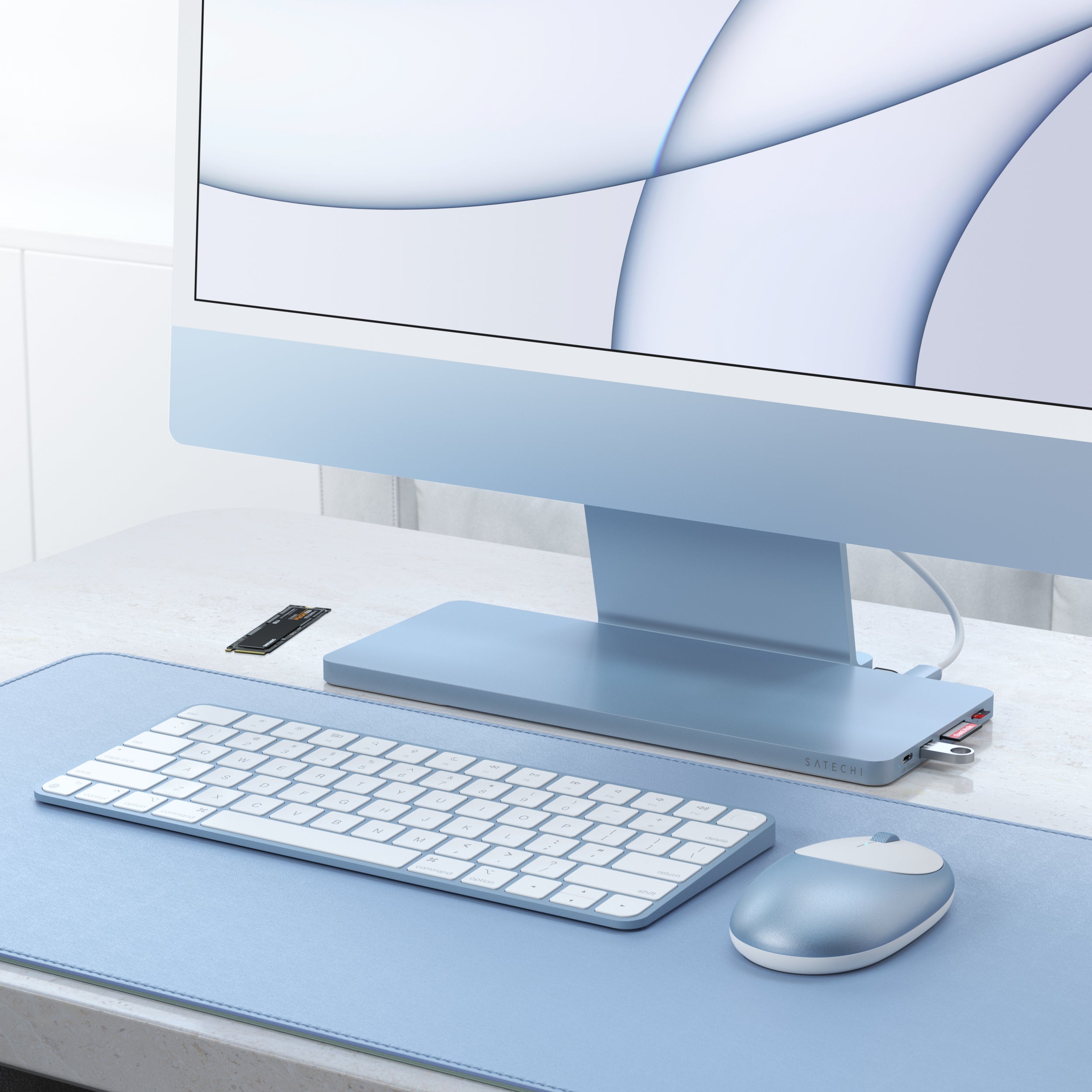 Designed to fit the 2021 iMac (24-inch) exclusively, the Satechi USB-C Slim Dock for 24” iMac provides a built-in enclosure to add external storage to your iMac and convenient access for all your most-loved ports and peripherals. Featuring a 10 Gbps USB-C data port, 10 Gbps USB-A data port, 2 x USB-A 2.0 ports, micro/SD card reader slots, and NVMe Sata Enclosure, the USB-C Slim Dock upgrades your iMac’s functionality while maintaining a sleek aesthetic all with a plug and play design.