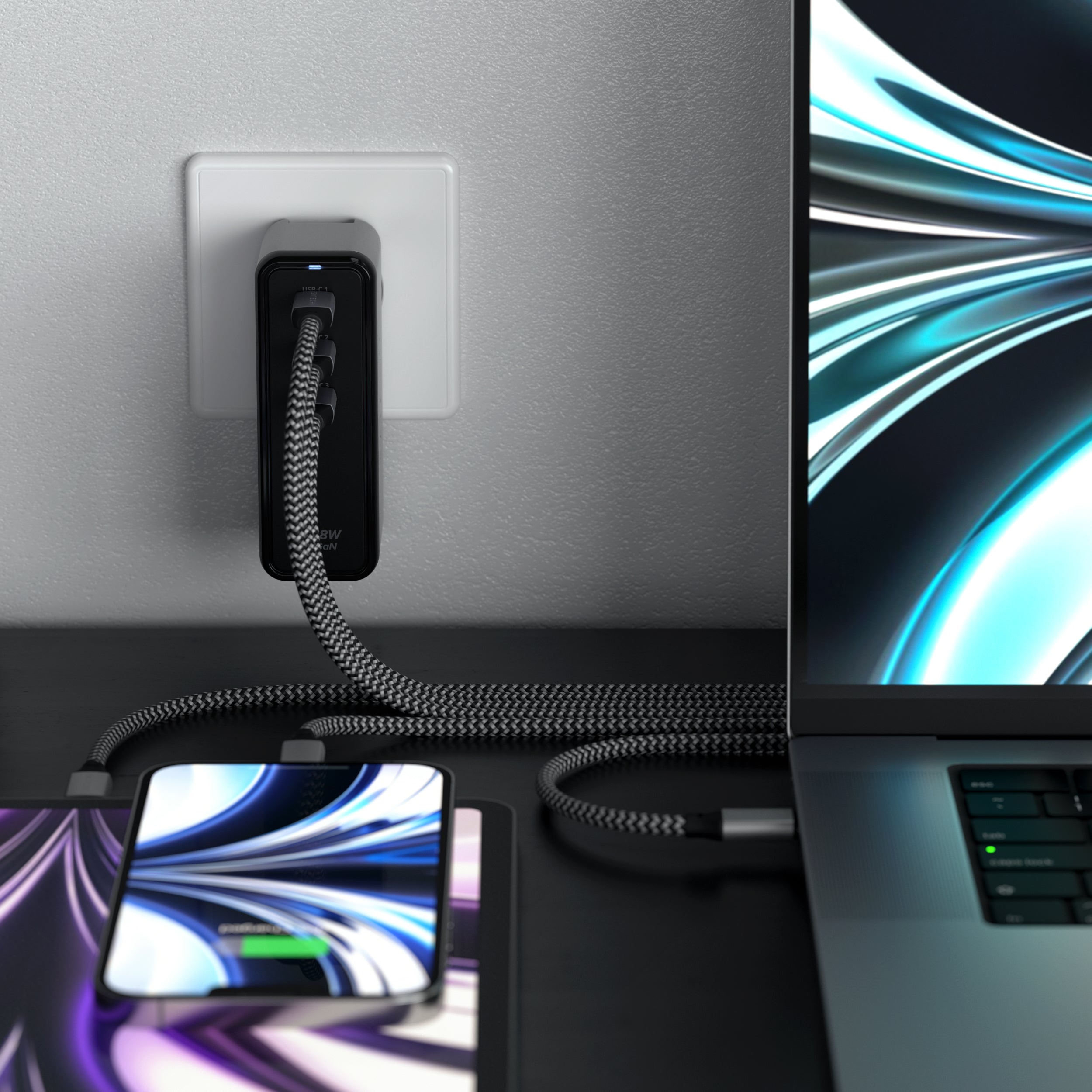 Supercharge your setup with the Satechi 108W USB-C 3-Port GaN Wall Charger, featuring Gallium Nitride (GaN) technology to power up to three devices simultaneously. Equipped with three USB-C PD ports to support multiple configurations up to 108W, the charger can easily power your 16-inch MacBook Pro at full speed, or your iPad Air setup on-the-go, so you can keep working while your devices are charging. 