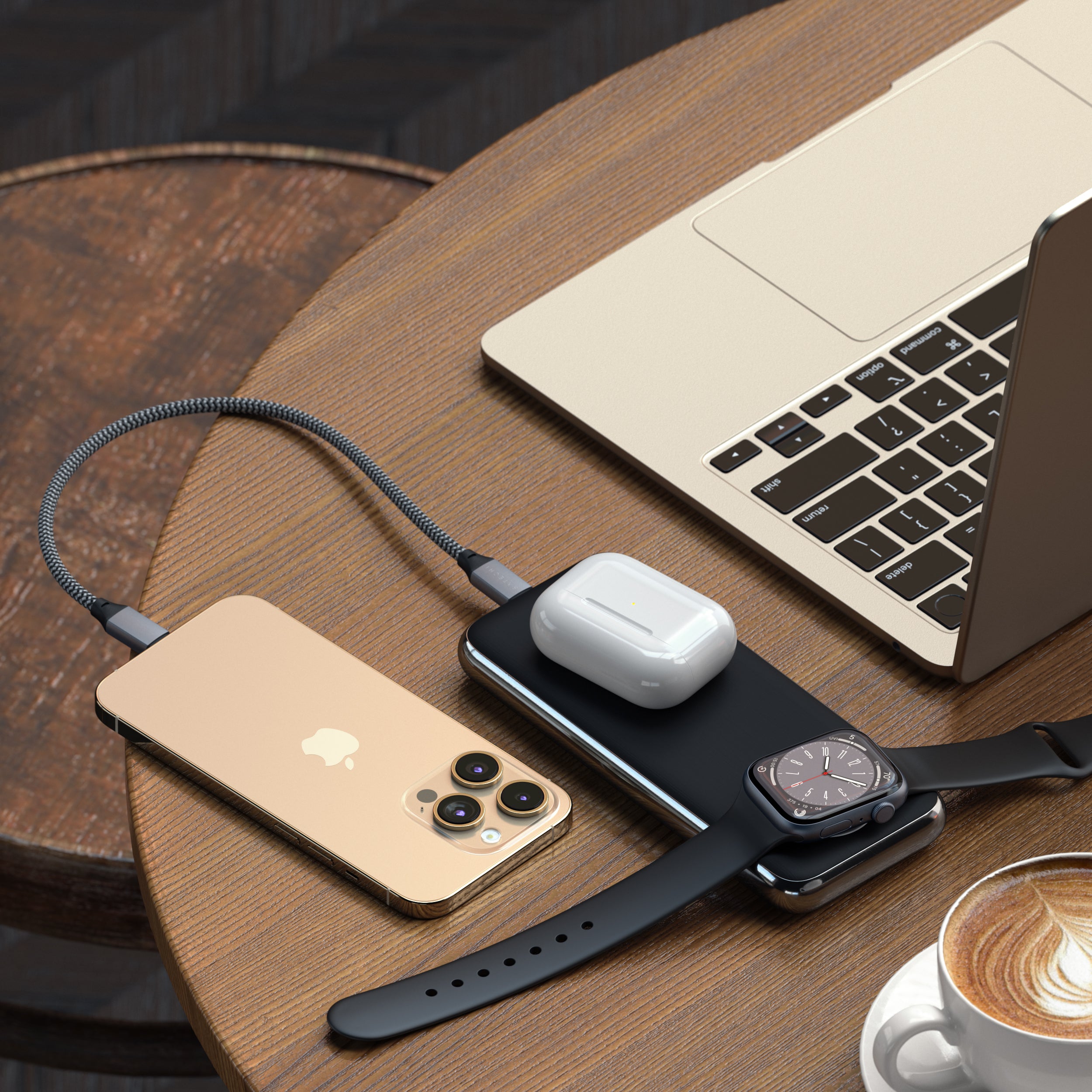 Experience the convenience of wireless charging on-the-go with the Satechi Quatro Wireless Power Bank - 10000 mAh. Combining the best of both portable and wireless charging, the Quatro Power Bank features a Qi wireless charger, built-in Apple Watch charger, USB-C PD, and USB-A port to recharge multiple devices at once. Charging cables are sold separately.  