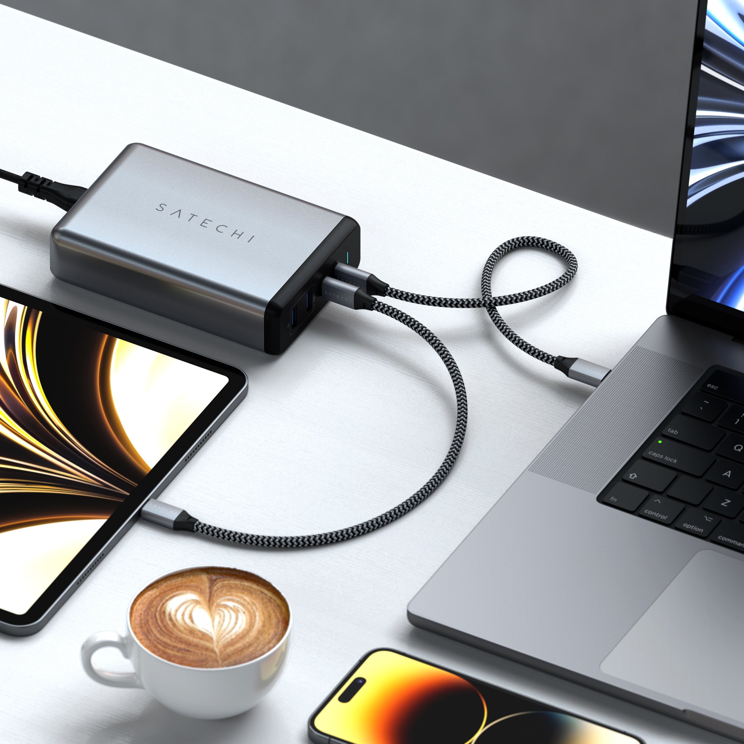 Upgrade to pro power with the Satechi 108W Pro USB-C PD Desktop Charger. Featuring dual USB-C Power Delivery ports, 90W and 18W, to charge even your most power-hungry Type-C devices at full speed - without sharing power.