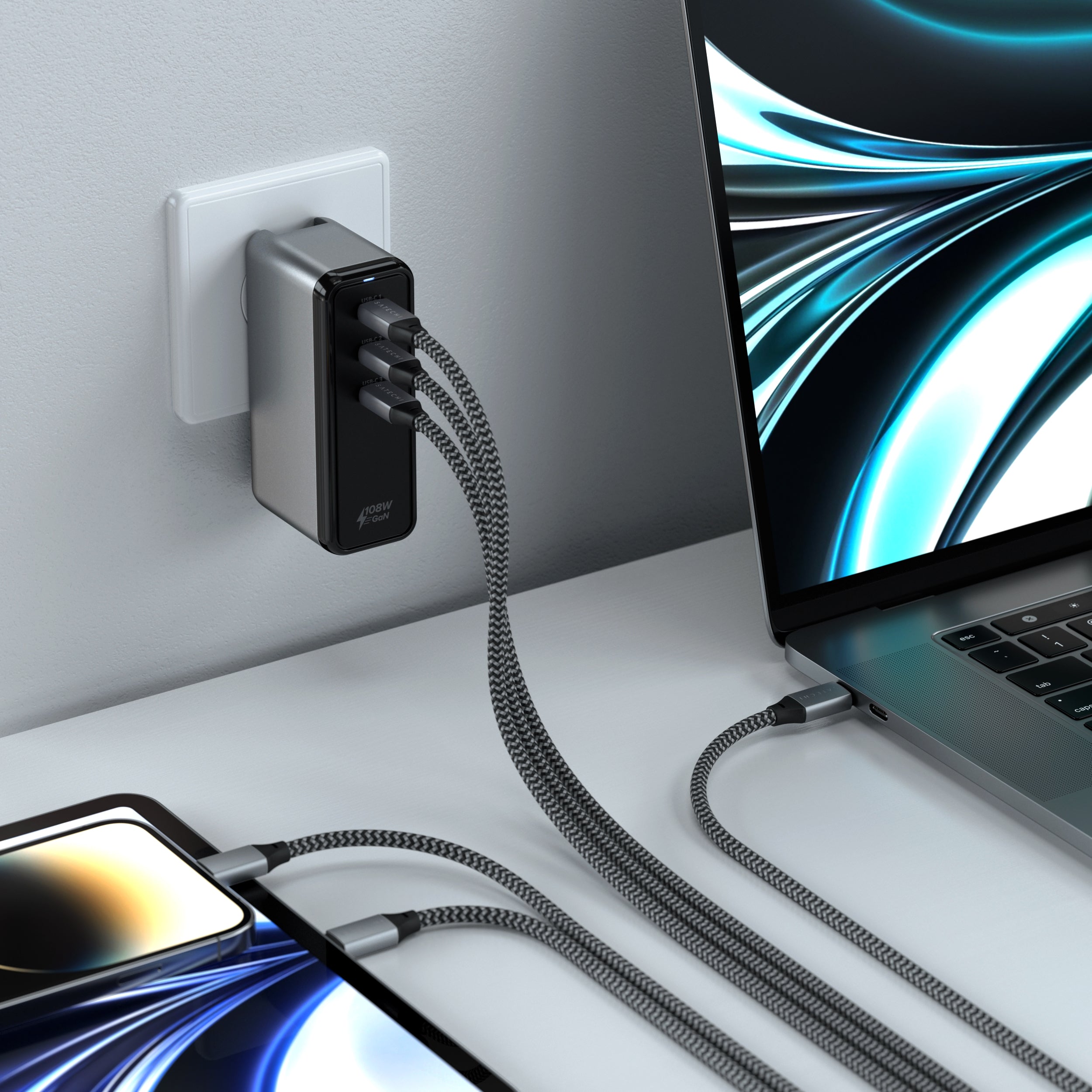 Supercharge your setup with the Satechi 108W USB-C 3-Port GaN Wall Charger, featuring Gallium Nitride (GaN) technology to power up to three devices simultaneously.