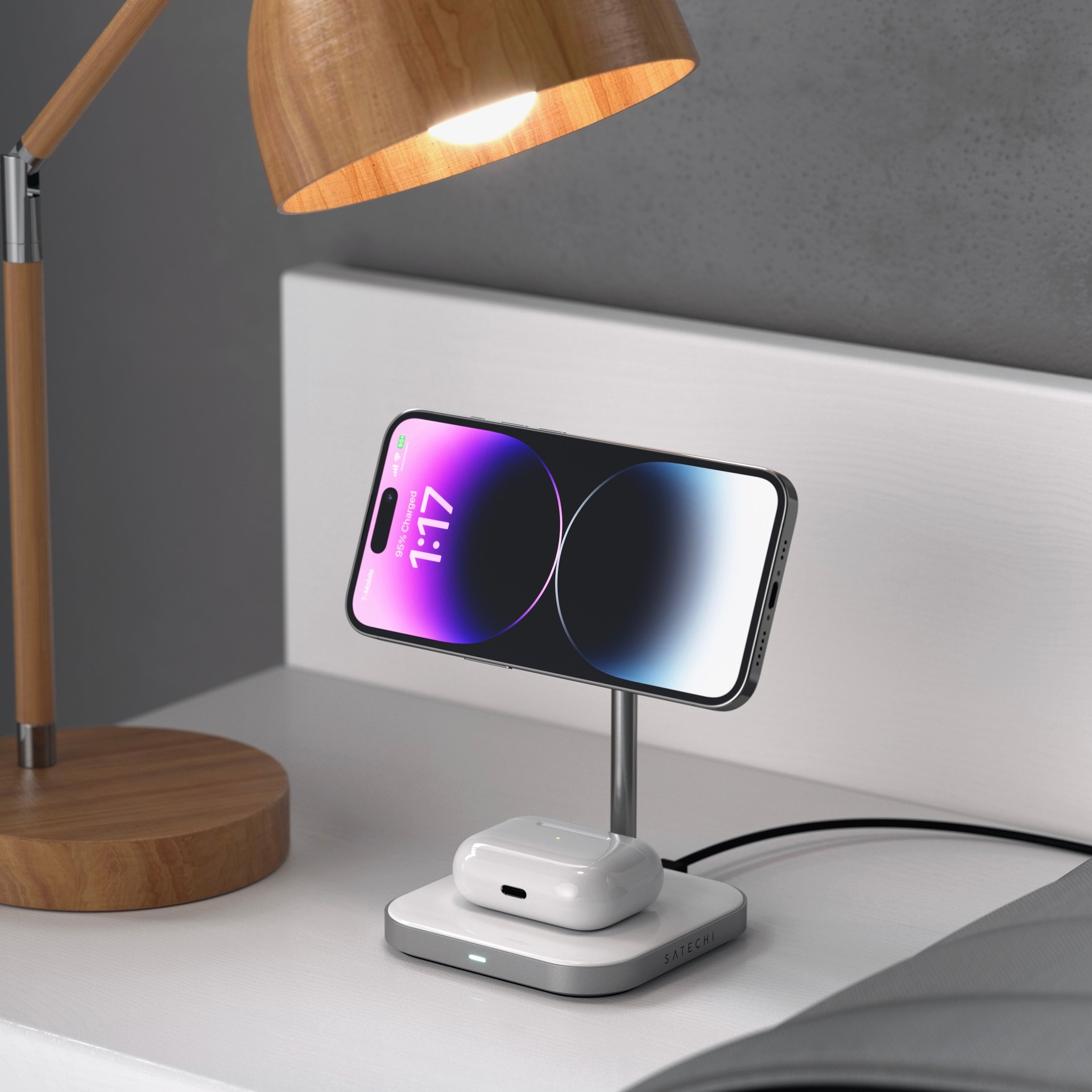 The Satechi Magnetic 2-in-1 Wireless Charging Stand combines the power of dual wireless charging with the convenience of hands-free magnetic attachment. Designed for iPhone 12/13 and AirPods Pro, the Stand features a built-in magnetic charger and a designated wireless charging pad to power both devices with ease.