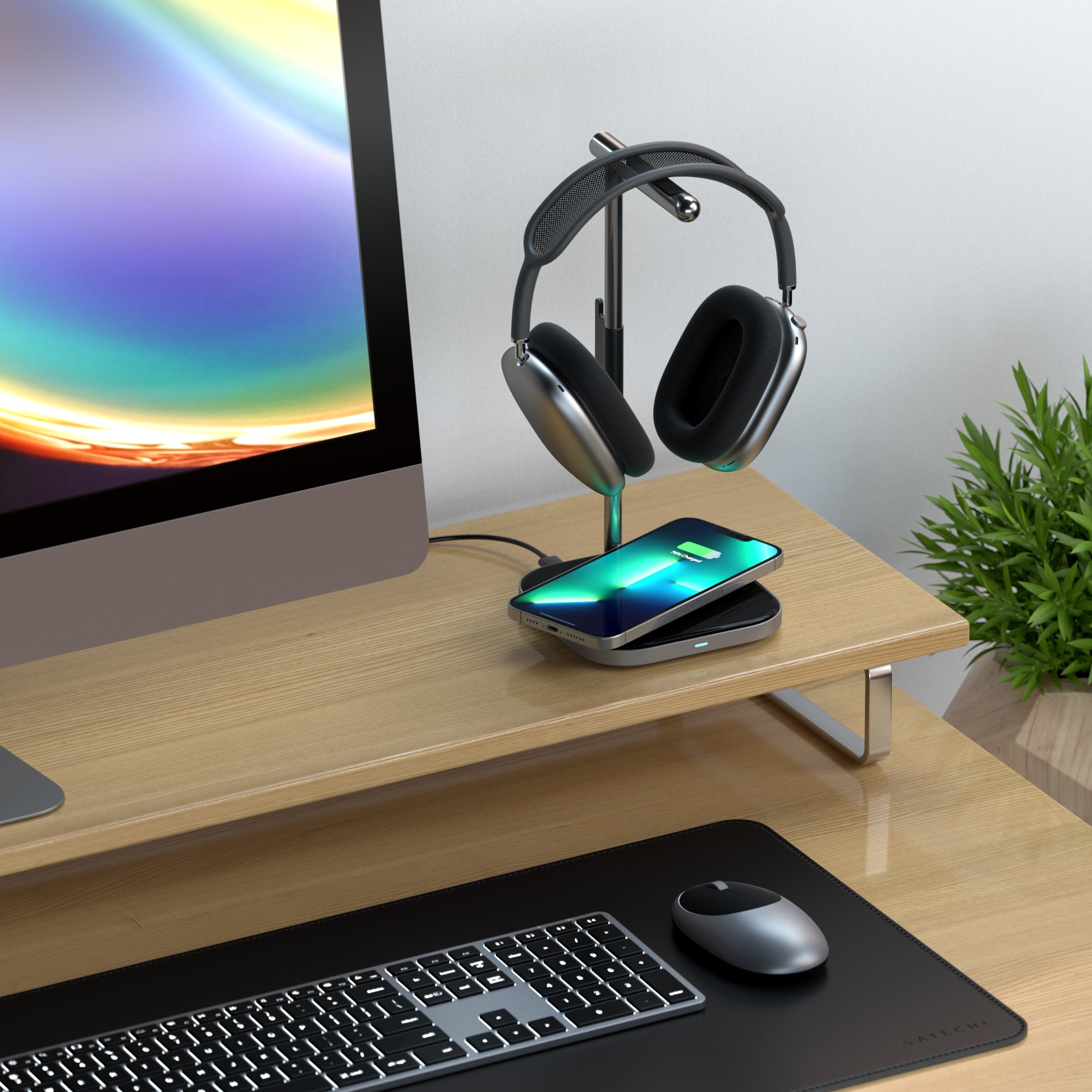 Raptic Rise 2-in-1 Headphone Stand with Wireless Charger, [12W Qi wireless  charging base], Wire Storage Design Aluminum Alloy Stand Compatible with