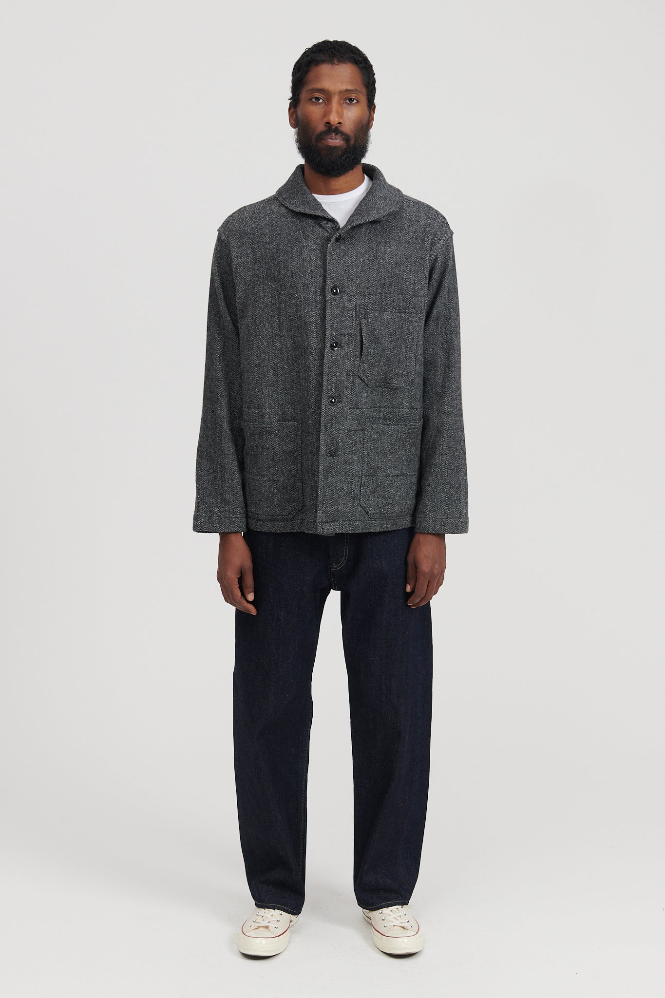 Shawl Collar Utility Jacket Poly Wool Herringbone - Grey