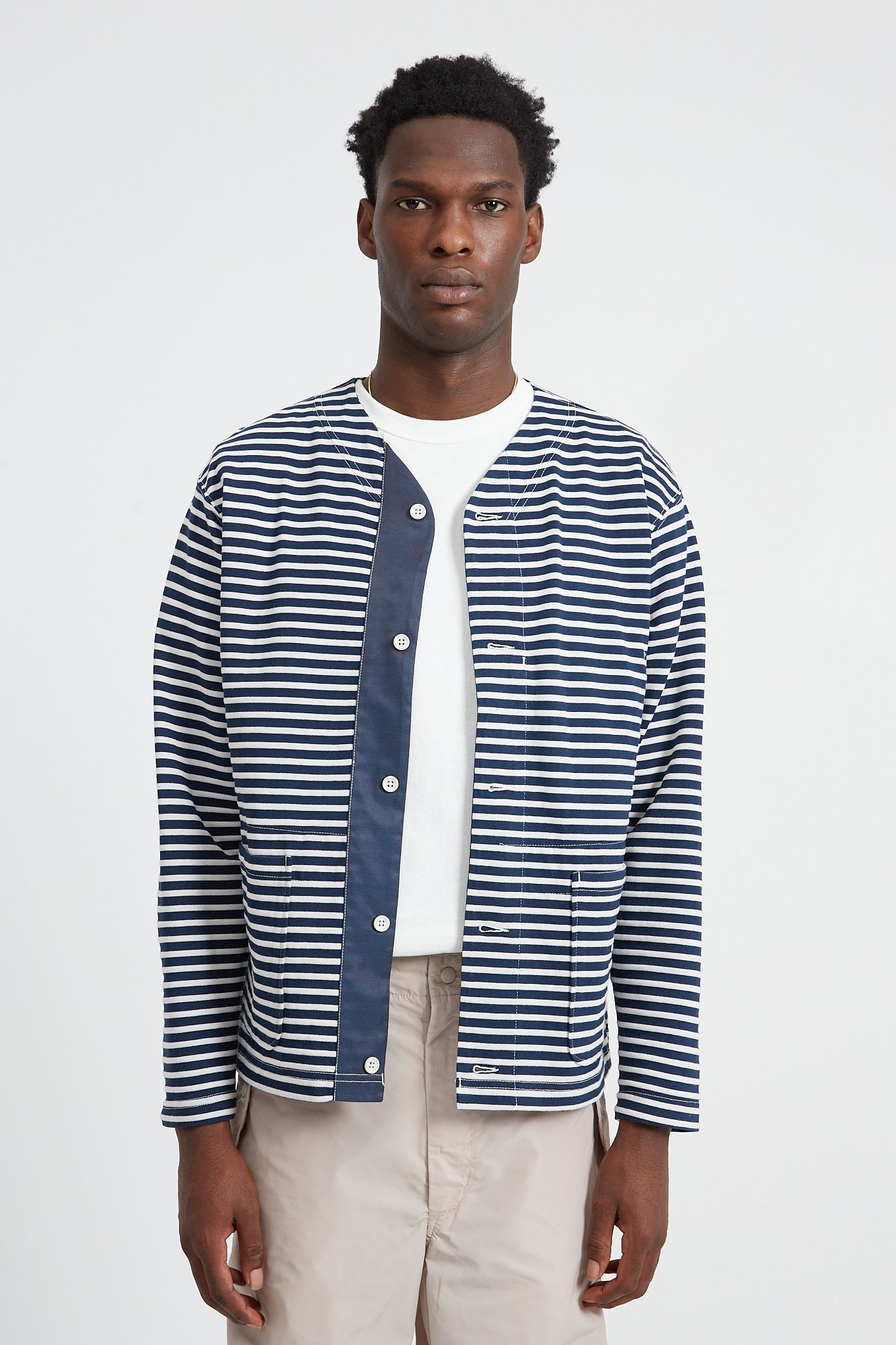 Knit Cardigan PC Stripe Jersey - Navy/White