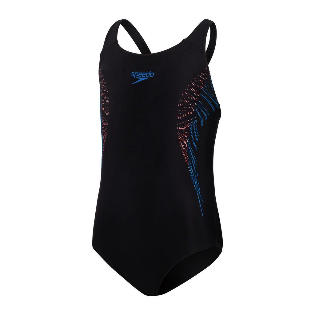 Speedo Girls Plastisol Placement Muscleback Swimsuit Black Red Blue