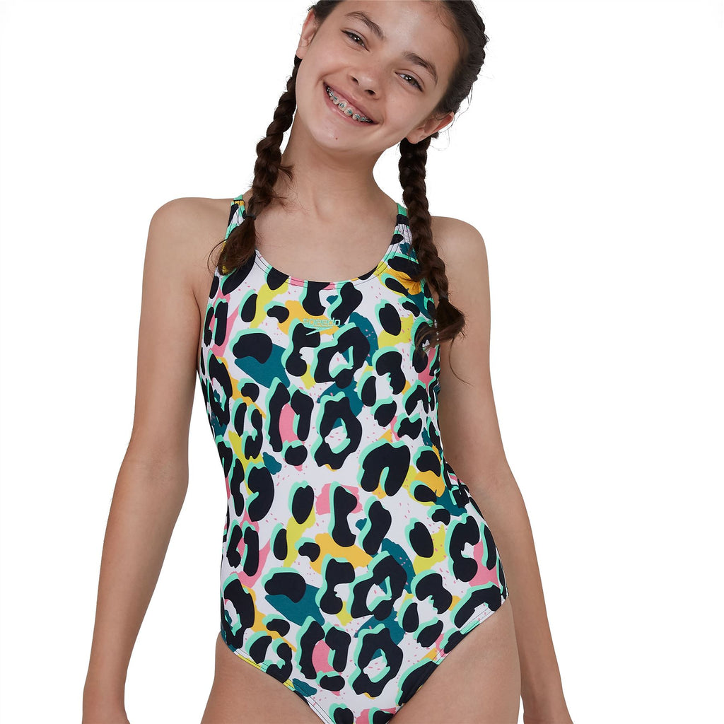 Speedo Junglespeak Allover Tieback Girls Black/White/Green/Mango/Citro ...