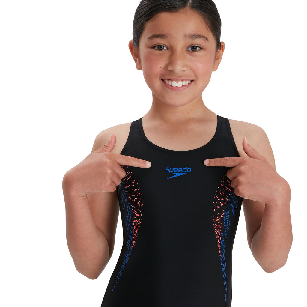 Speedo Girls Plastisol Placement Muscleback Swimsuit Black Red Blue