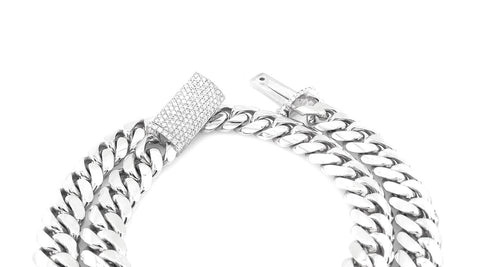 Shown above, a 10mm white gold cuban link with diamond sleek lock.