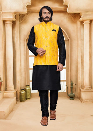 Silk Blend Kurta,Pajama And Waistcoat Mustard Yellow Kurta Jacket Set,  Machine Wash, Size: 38 at Rs 1300/set in Mumbai