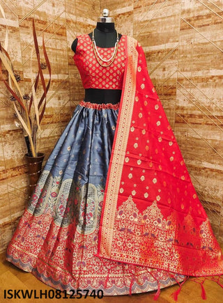 Buy Red Printed Silk Lehenga Set With Solid Blouse Online in USA – Pure  Elegance