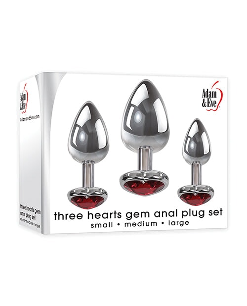 Adam & Eve Three Hearts Gem Anal Plug Set - Silver-red