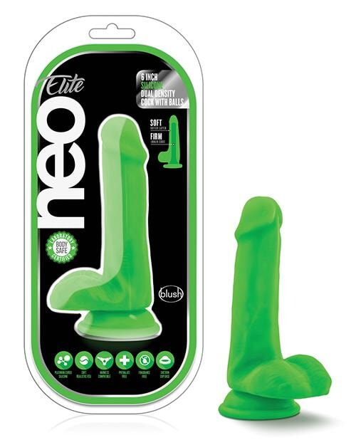 Blush Neo Elite 6" Silicone Dual Density Cock W-balls - Neon Green