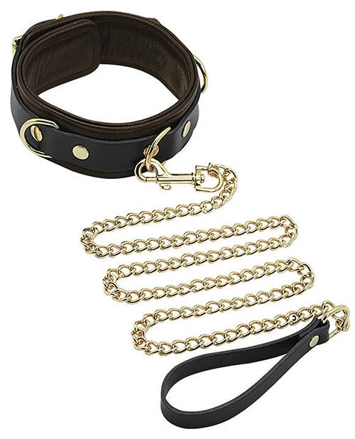 Spartacus Collar & Leash - Brown Leather W-gold Accent Hardware