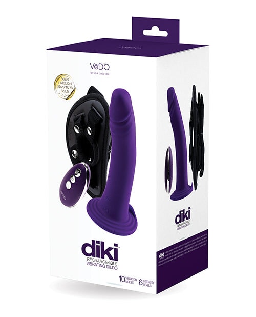 Vedo Diki Rechargeable Vibrating Dildo W-harness - Deep Purple