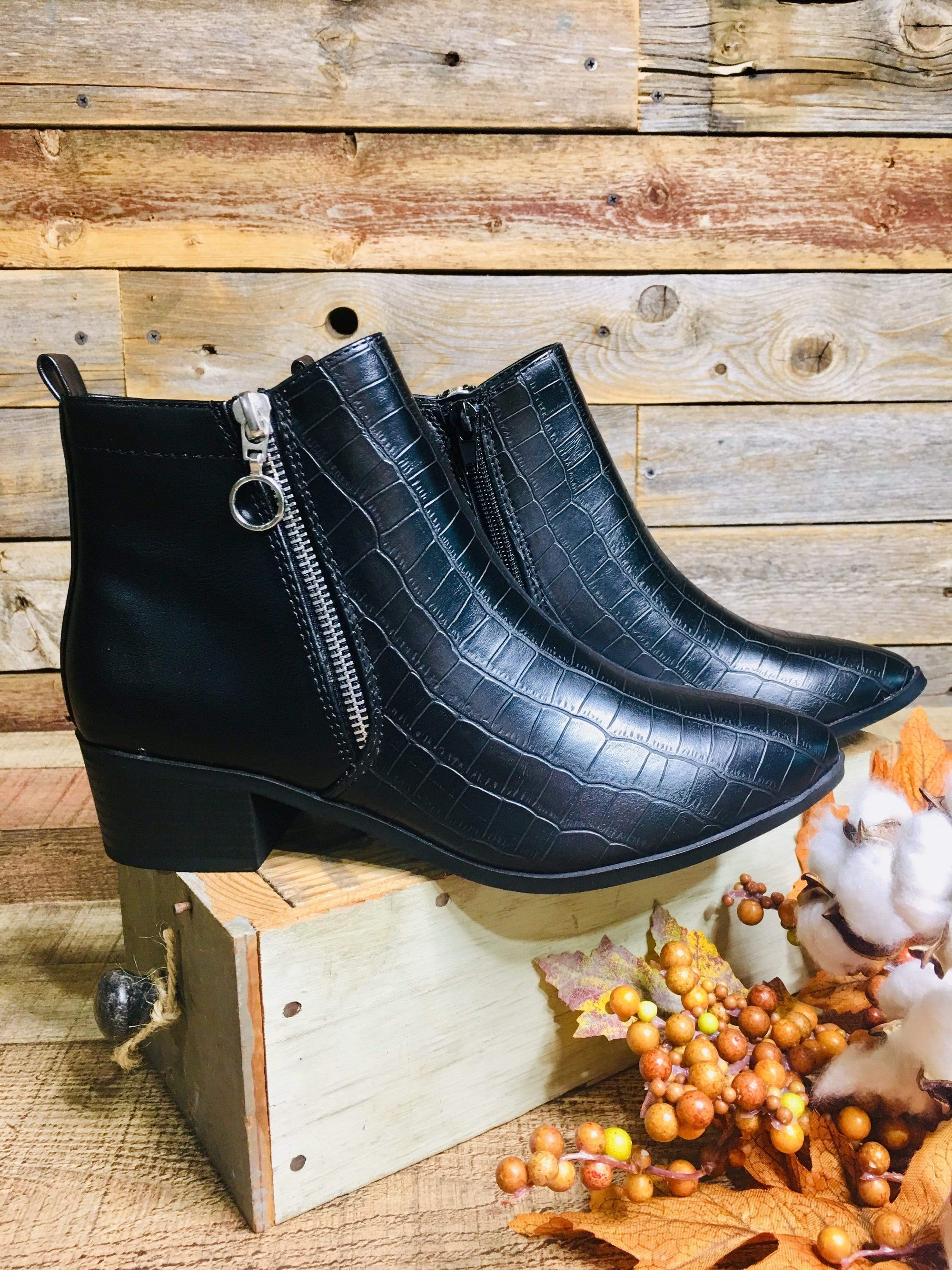 black crocodile ankle boots