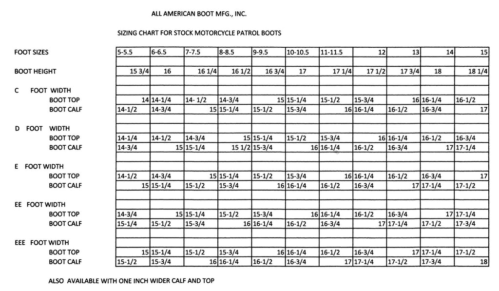 SIZE CHART FOR MOTORCYCLE BOOTS