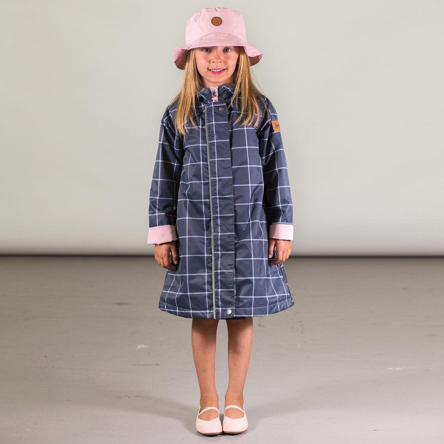 PLAID PRINTED FLEECE LINED RAINCOAT WITH HAT, GIRL
