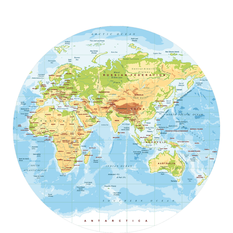 32 Cm Polypropylyn Physical World Map Round Placemat F 1