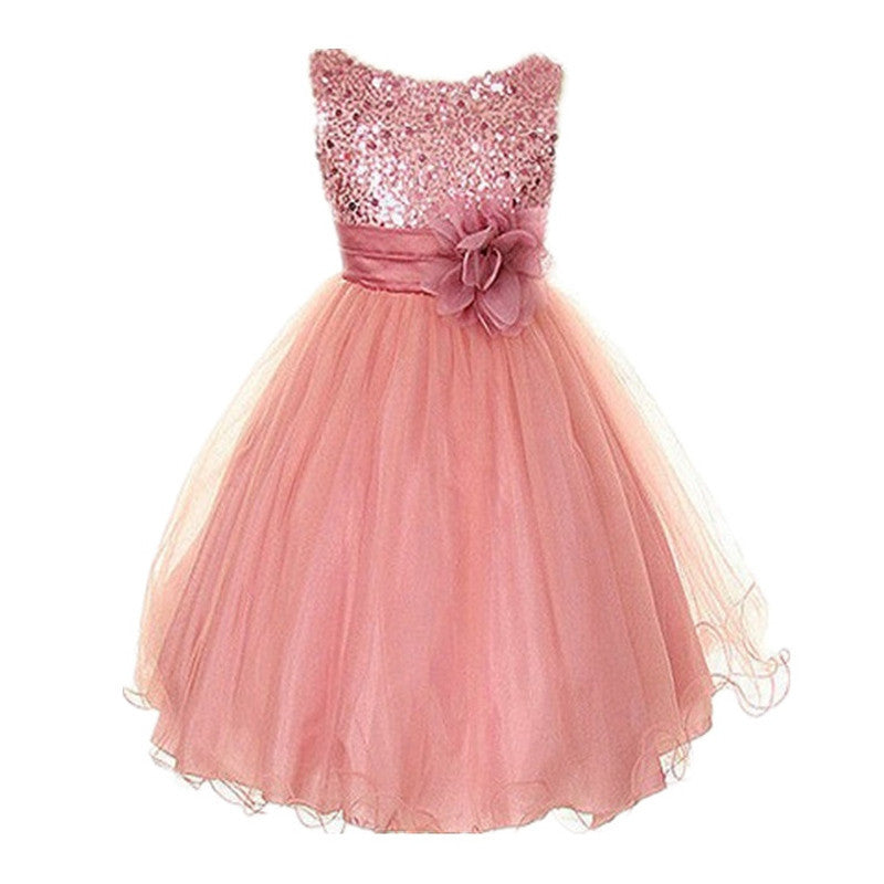 Princess Girl O-neck Sleeveless Sequined Floral Ball Gown Party Dresse
