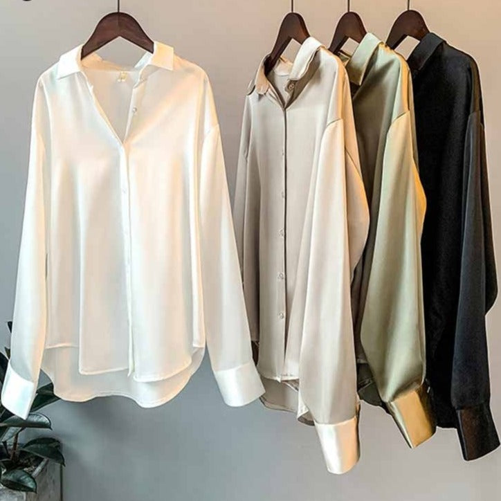 Autumn Button Up Satin Silk Shirt Vintage Blouse Women White Lady Long  Sleeves Loose Shirts Female : : Clothing, Shoes & Accessories